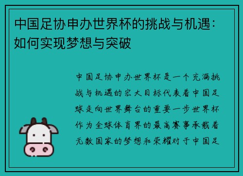 中国足协申办世界杯的挑战与机遇：如何实现梦想与突破